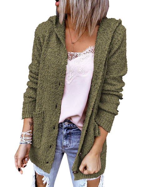 Army Green Button Down Melange Waffle Knit Hooded Cardigan
