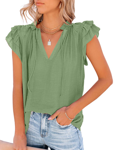 Women's Casual V Neck Short Tiered Ruffle Cap Sleeve Loose Blouses