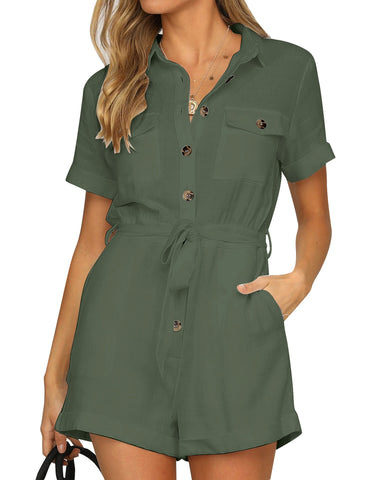 Army Green Short Sleeves Button-Down Belted Romper