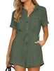 Model wearing army green short sleeves button-down belted romper