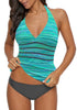 Sexy model poses wearing aqua abstract stripes halter V-neck tankini set