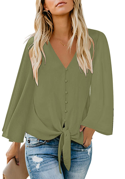 Front view of model wearing sage green V-neckline button loop loose top