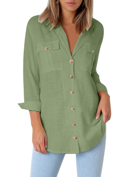 Front view of model wearing Mint Green Long Cuffed Sleeves Lapel Button-Up Blouse