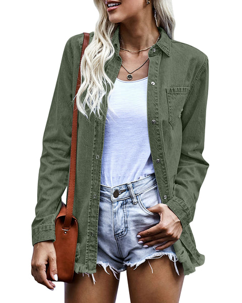Womens Denim Jacket Western Button Up Shirts Distressed Ripped Jean Sh ...