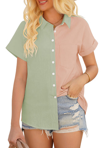 Sage Green Short Sleeves Colorblock Button-Up Top