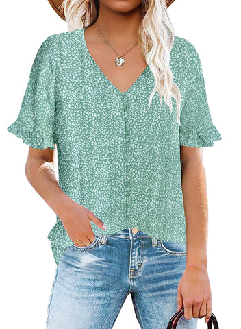 Light Green Ruffle Trim Short Sleeves Printed V-Neck Button-Down Top