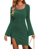 Womens Sweater Dress Bodycon Square Neck Slit Short Dresses Bell Long Sleeve Knit Sexy Outfit