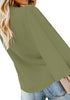Back view of model wearing sage green V-neckline button loop loose top