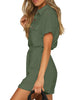 Side view of model wearing army green short sleeves button-down belted romper