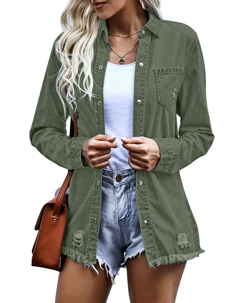 Womens Denim Jacket Western Button Up Shirts Distressed Ripped Jean Sh ...