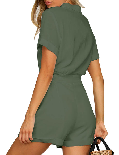 Back view of model wearing army green short sleeves button-down belted romper
