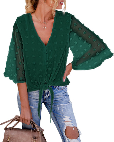Dark Green 3/4 Sleeves Pompom Tie-Front Top