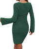 Womens Sweater Dress Bodycon Square Neck Slit Short Dresses Bell Long Sleeve Knit Sexy Outfit