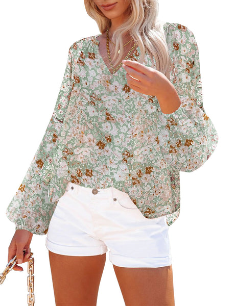 Front view of model wearing green long sleeves V-neckline floral-print boho blouse