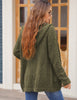 Back view of model wearing army green button down melange waffle knit hooded cardigan