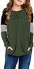 Front view of model wearing Little Girls' Army Green Color Block Raglan Sleeves Stripe Pullover Top