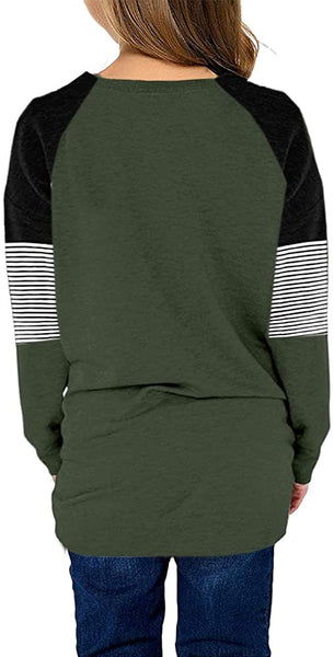 Back view of model wearing Little Girls' Army Green Color Block Raglan Sleeves Stripe Pullover Top
