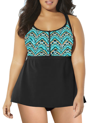 Green Stripe Casual Spliced Zipper Stretchy Two-Piece Tankini Set Swimsuit