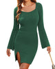 Womens Sweater Dress Bodycon Square Neck Slit Short Dresses Bell Long Sleeve Knit Sexy Outfit