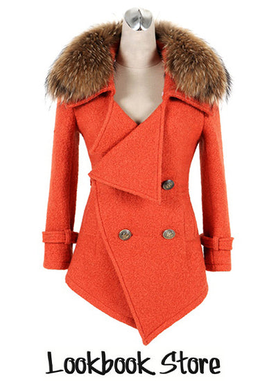 Detachable Faux Fur Collar Coat - Orange