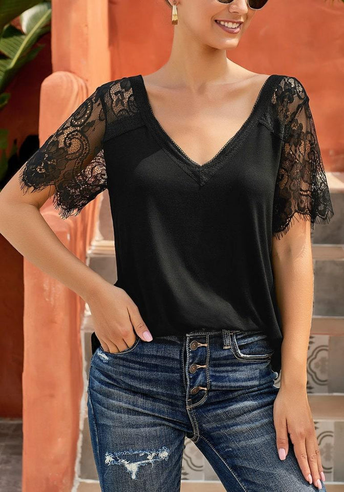Women's Casual Summer Lace Tops V Neck Short Sleeve Blouses Shirts –  Lookbook Store