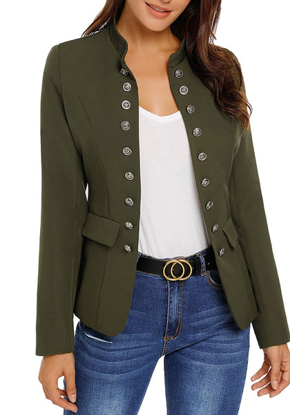 Angled shot of model wearing army green stand collar open-front blazer