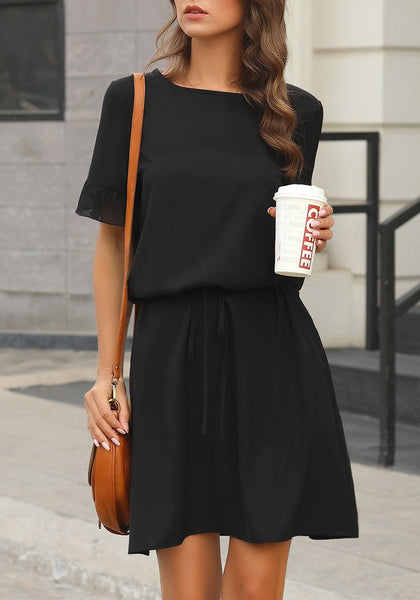 Angled shot of model wearing black drawstring-waist ruffle short sleeves mini dress