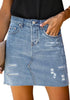 Angled shot of model wearing blue raw hem distressed denim mini skirt