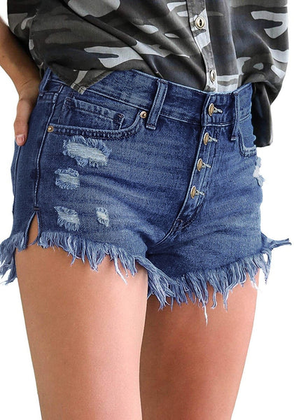 Angled shot of model wearing deep blue raw hem distressed high-waist buttons jeans shorts