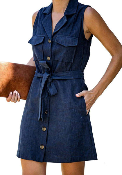 Angled shot of model wearing navy sleeveless lapel collar button-down belted dress