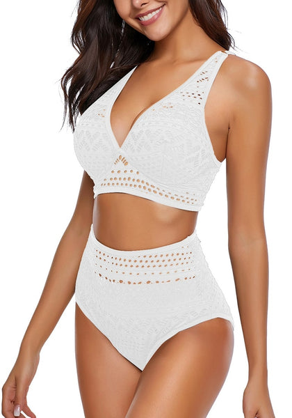 Angled shot of model wearing white lace crochet V-neckline high waist set