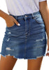 Back view of model wearing dark blue distressed frayed hem denim mini skirt