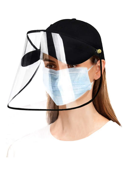 Angled shot of woman wearing  full face baseball cap protective face shield
