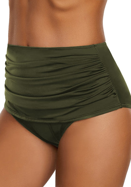 Angled view of model wearing army green high waist ruched swim bottom
