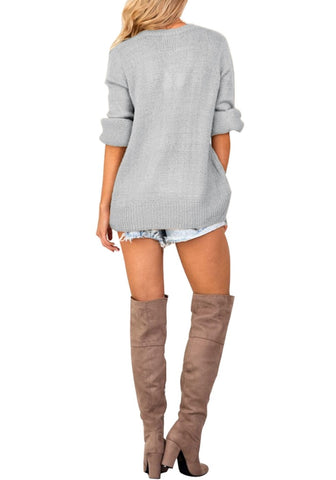 LookbookStore Light Grey Women's Knit Long Sleeve Faux Wrap Surplice V Neck Sweater Top