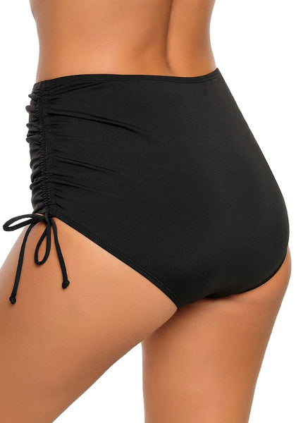 Back shot of model wearing black side-drawstring high waist ruched bikini bottom