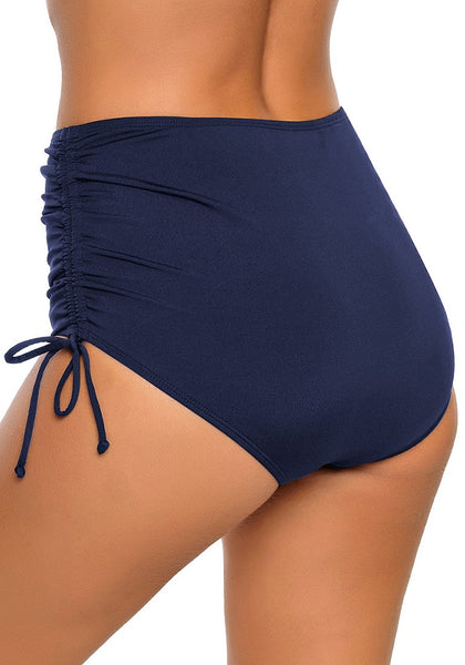 Back shot of model wearing navy side-drawstring high waist ruched bikini bottom