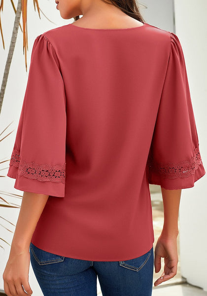 Back view model wearing coral V-neckline crochet lace trim sleeves loose blouse