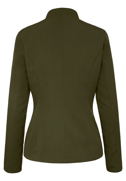 Back view of army green stand collar open-front blazer's 3D image