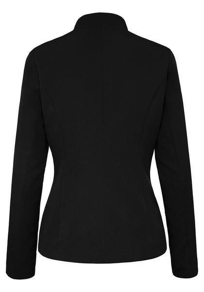 Back view of black stand collar open-front blazer's 3D image