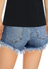 Back view of medium blue frayed hem distressed denim shorts