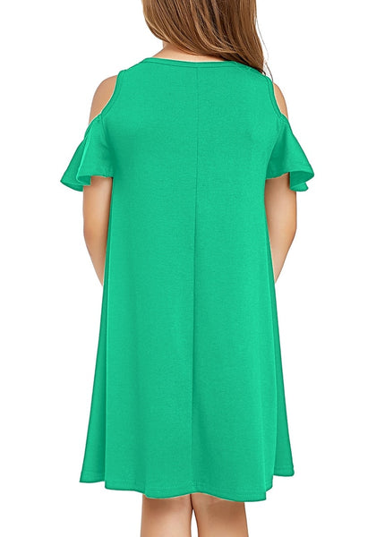 Back view of little girl wearing green cold shoulder ruffle short sleeves girl tunic dress