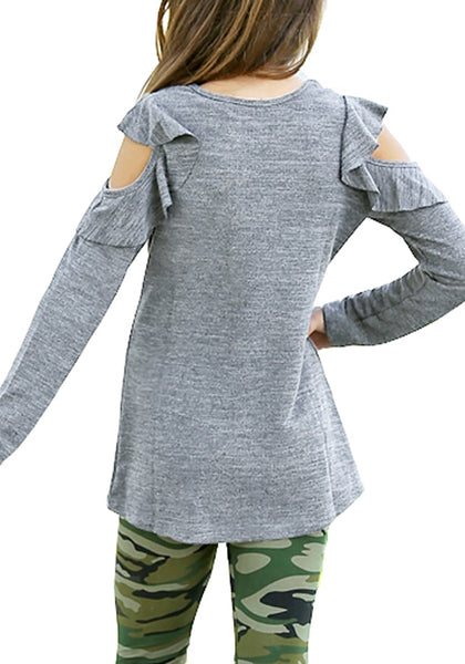 Back view of little girl wearing grey melange long sleeves ruffled cold-shoulder girl top