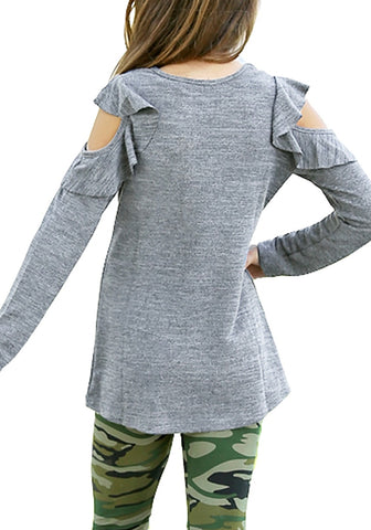 Grey Melange Long Sleeves Ruffled Cold-Shoulder Girl Top