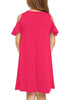 Back view of little girl wearing hot pink cold shoulder ruffle short sleeves girl tunic dress