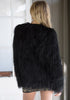 Back view of model in black faux fur coat