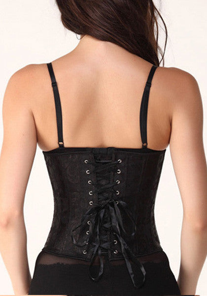Back view of model in black steel boned corset