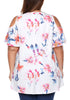 Back view of model in plus size white floral cold-shoulder blouse