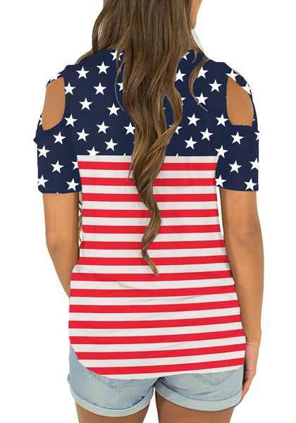 Back view of model wearing American flag crisscross cutout shoulder blouse