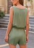 Back view of model wearing army green button-up drawstring-waist sleeveless romper